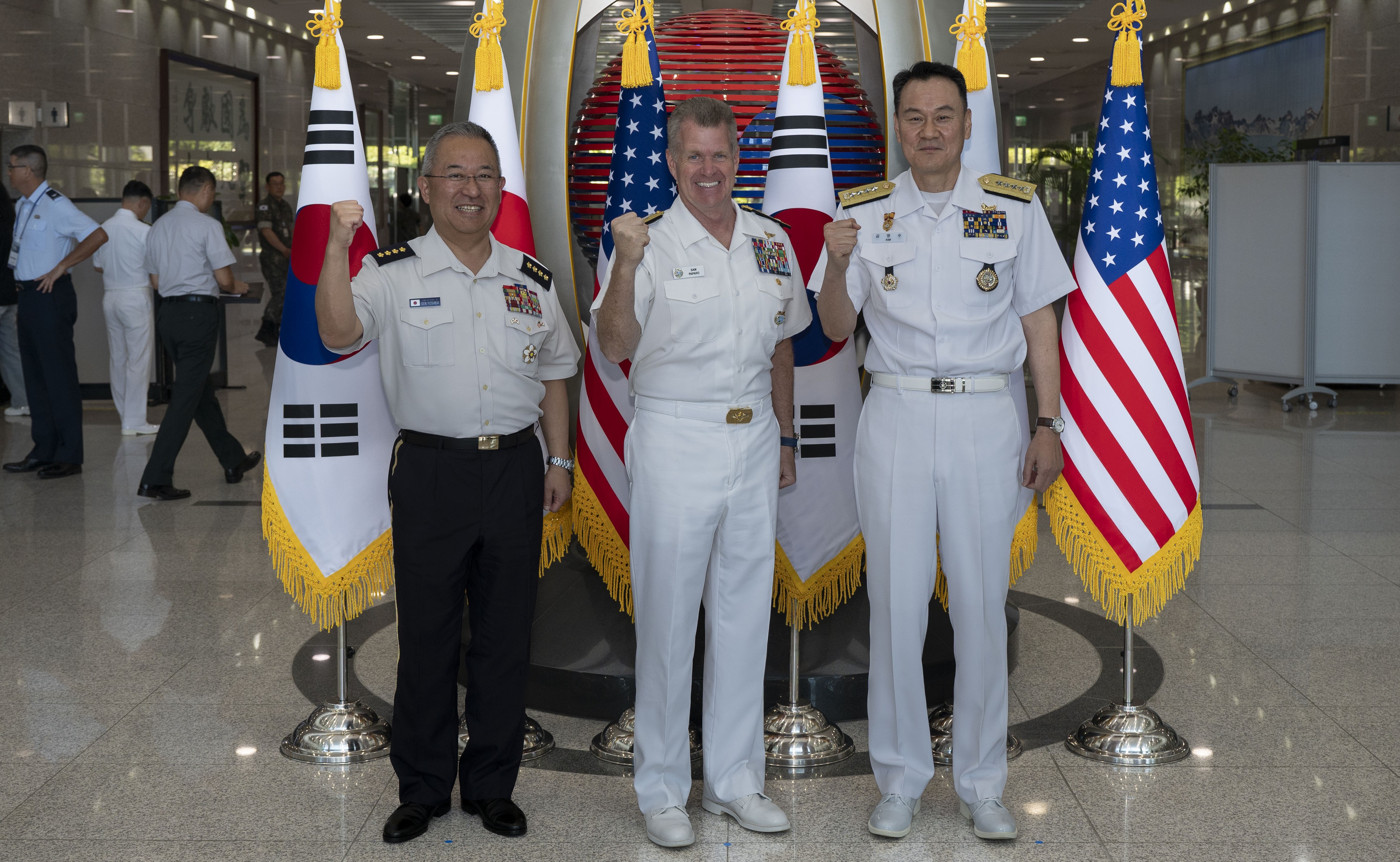 Adm. Samuel J. Paparo, commander of U.S. Indo-Pacific Command, meets with Japan’s Chief of Staff, Joint Staff, General Yoshihide Yoshida; and Republic of Korea Chairman of the Joint Chiefs of Staff Admiral Kim Myung-Soo on July 11, 2025 in Seoul, South Korea. 