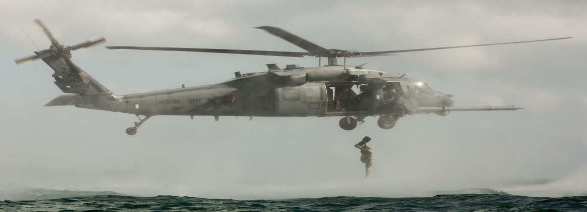 Marines conduct helocast training at Camp Hansen, Japan, June 3, 2019. The training consisted of jumping into the ocean out of an HH-60W Pave Hawk and then being lifted back into the helicopter.